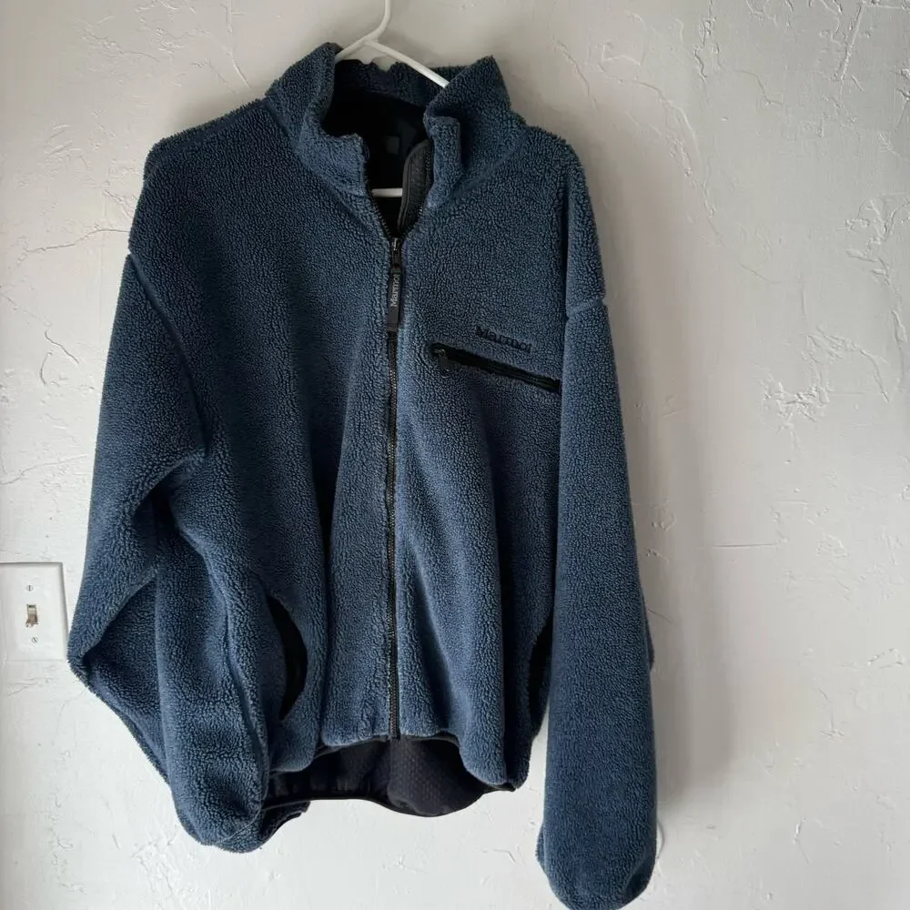 Marmot Men's Size XL Sherpa Teddy Fleece Blue Outdoor Full‎ Zip Sweater Jacket